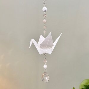 Origami Ornament #2423 - Medium Crane with Stone Beads and Quartz Pendant